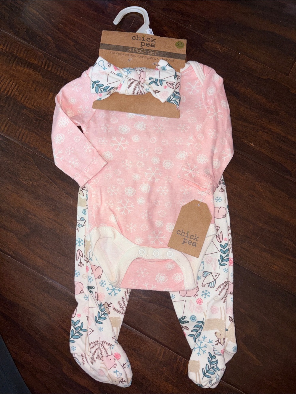 Chick Pea Pink Snowflake One-Piece & Footed Pant Set with Headband 0-3m NWT